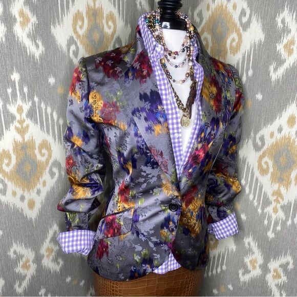 Ralph Lauren Watercolor Multicolored Floral Gray Silk Jacquard Dinner Jacket - Picture 5 of 16